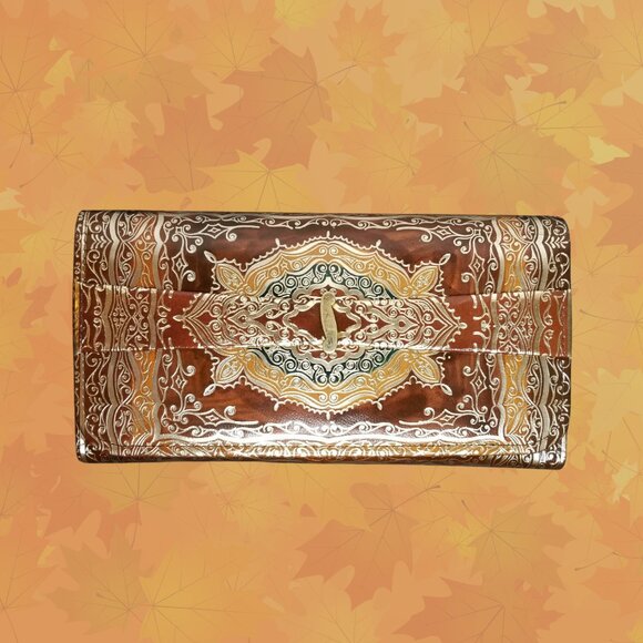 8" Vintage Italian Leather Envelope Clutch w/ Ornate Gold Gilding - Picture 2 of 5